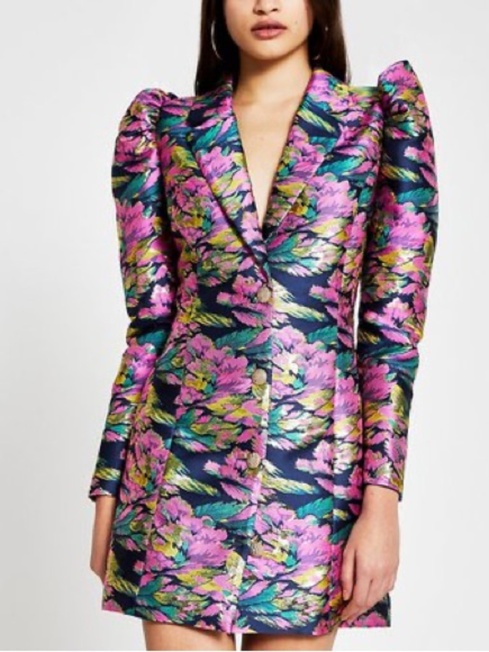 River Island Pink & Navy Floral Jacquard Puff-Sleeve Blazer